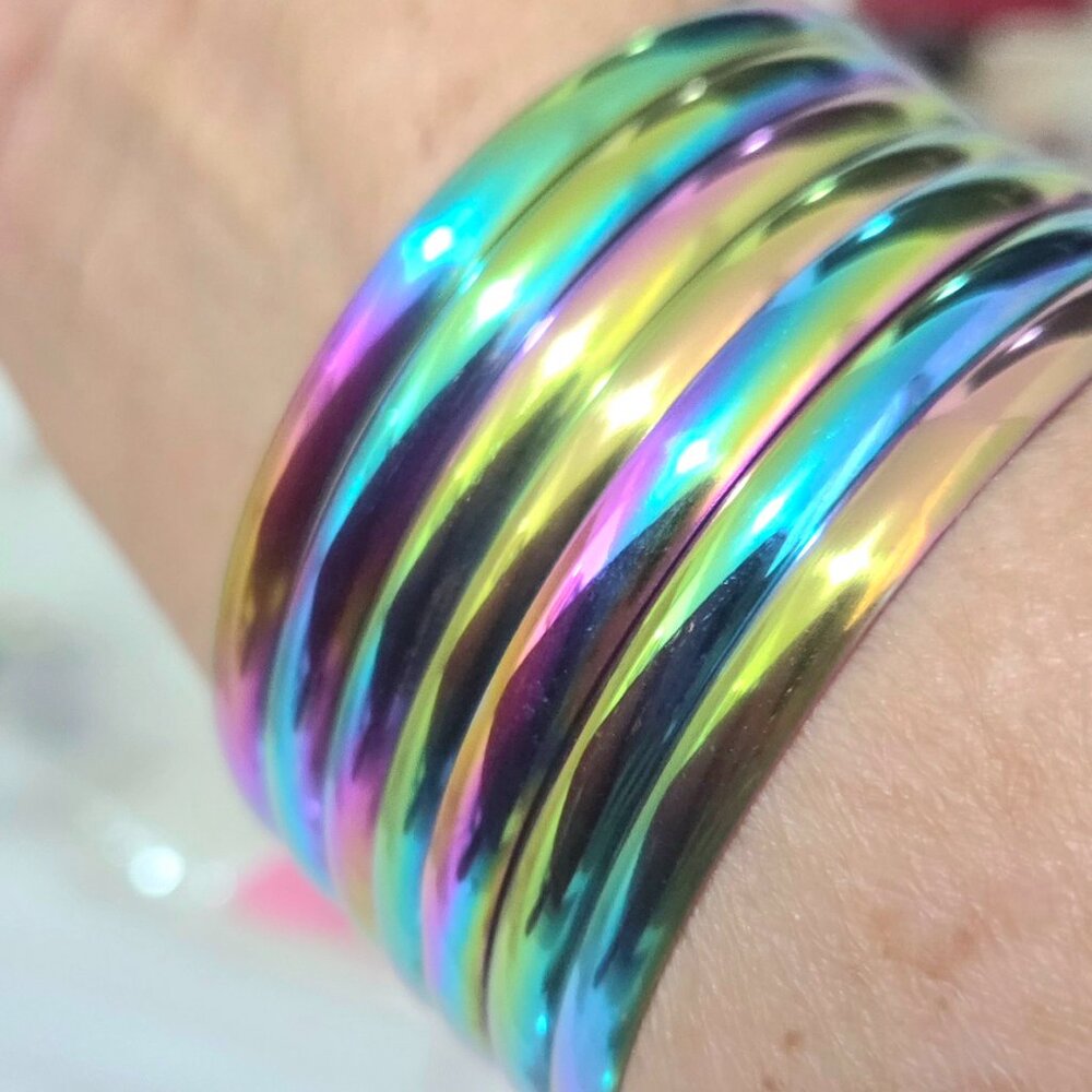 7PCS Women Stainless Steel Rainbow Bangle Bracelet Set Multicolor Stackable